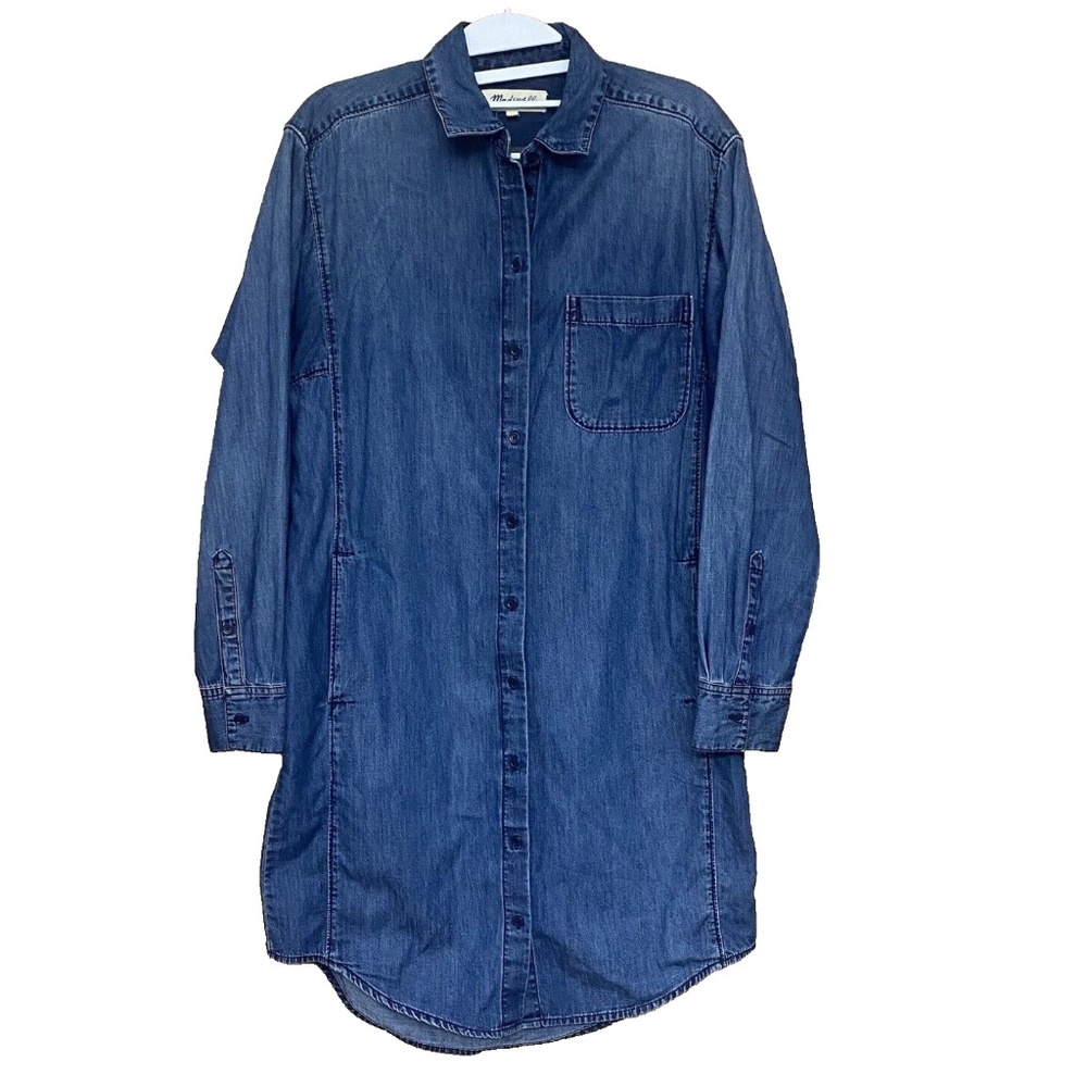 Madewell Women Size S Blue Denim Long Sleeve Button Shirt Short Dress w/ Pockets